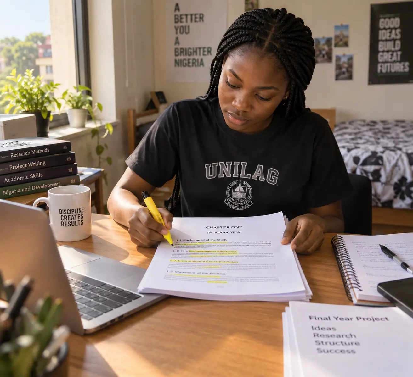 A student highlighting key terms in a printed Chapter One draft