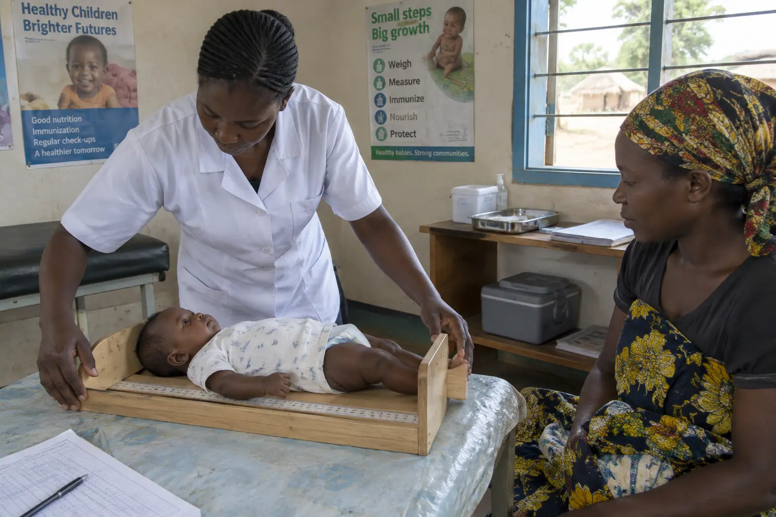A health worker measuring an infant's length at a primary health clinic