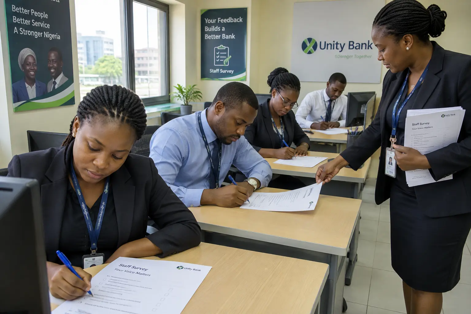 Office staff completing a printed job satisfaction questionnaire at their desks