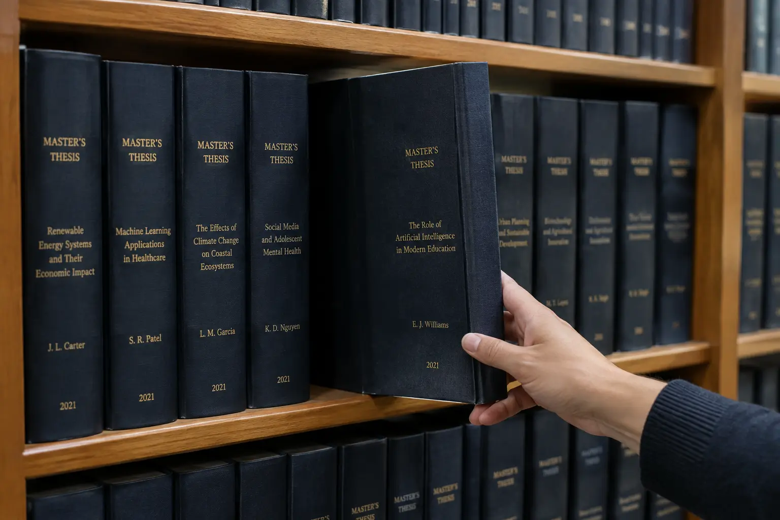 Bound student theses on a university library shelf
