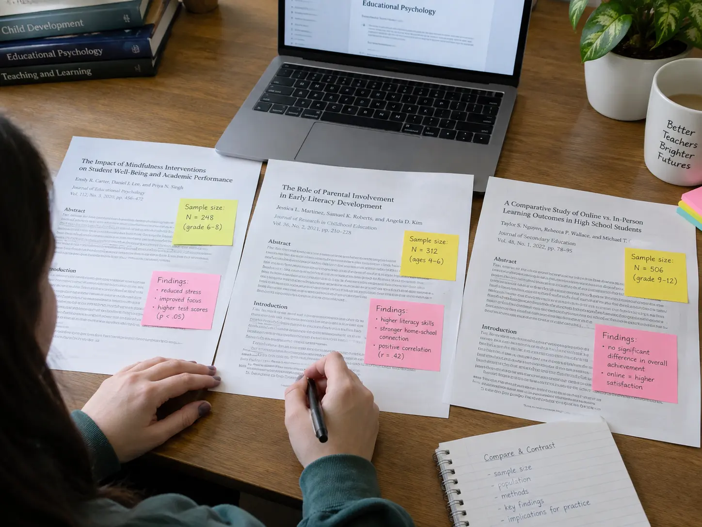 A student comparing three printed journal articles with sticky notes for a related studies section