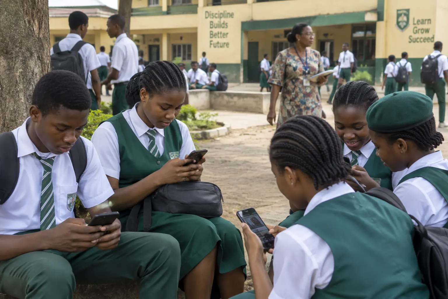 Secondary school students using smartphones in a school compound during a break