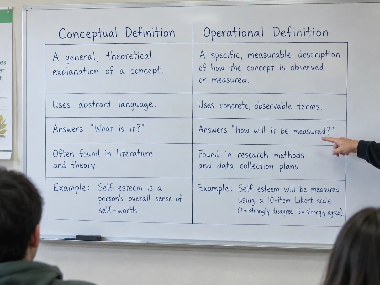 A whiteboard table comparing conceptual and operational definitions