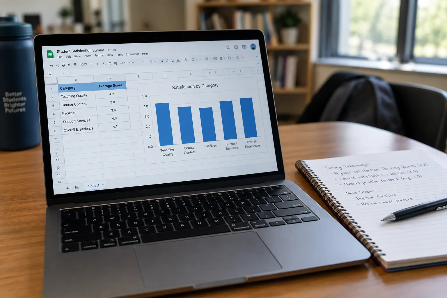 A laptop showing survey scores and a bar chart of satisfaction by category