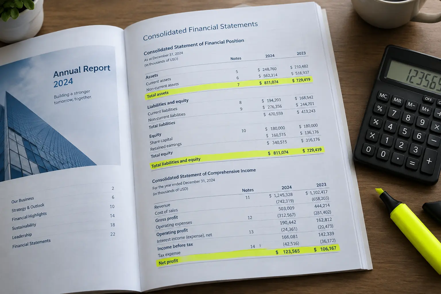 An annual report open to the financial statements with total assets and profit highlighted