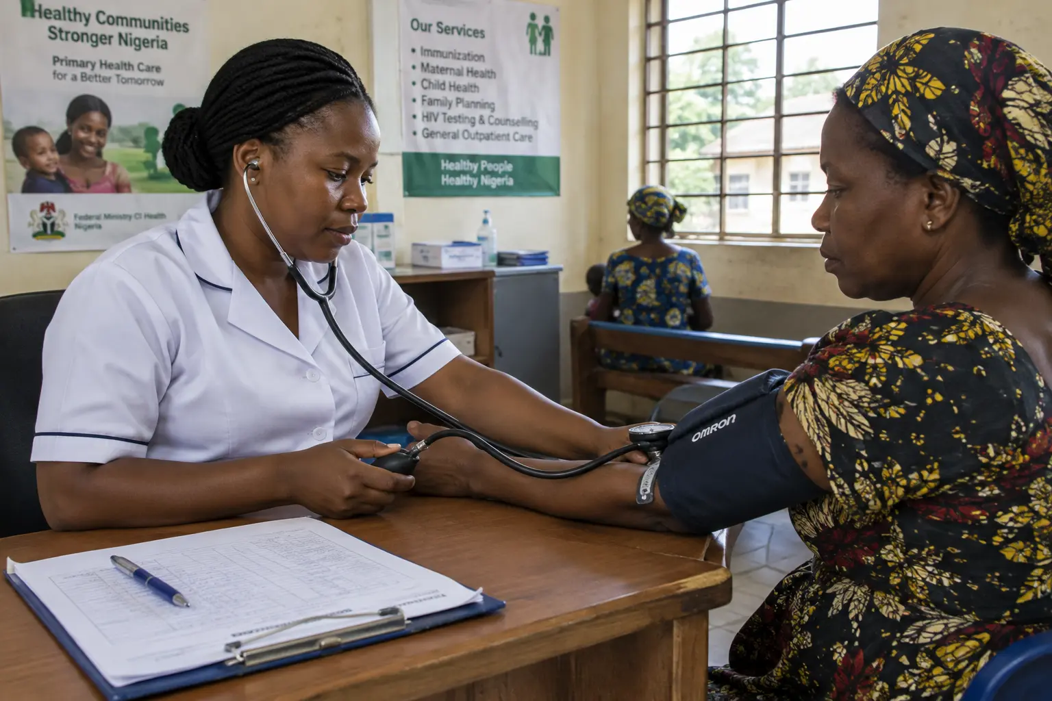 A nurse measuring a patient's blood pressure at a community health centre