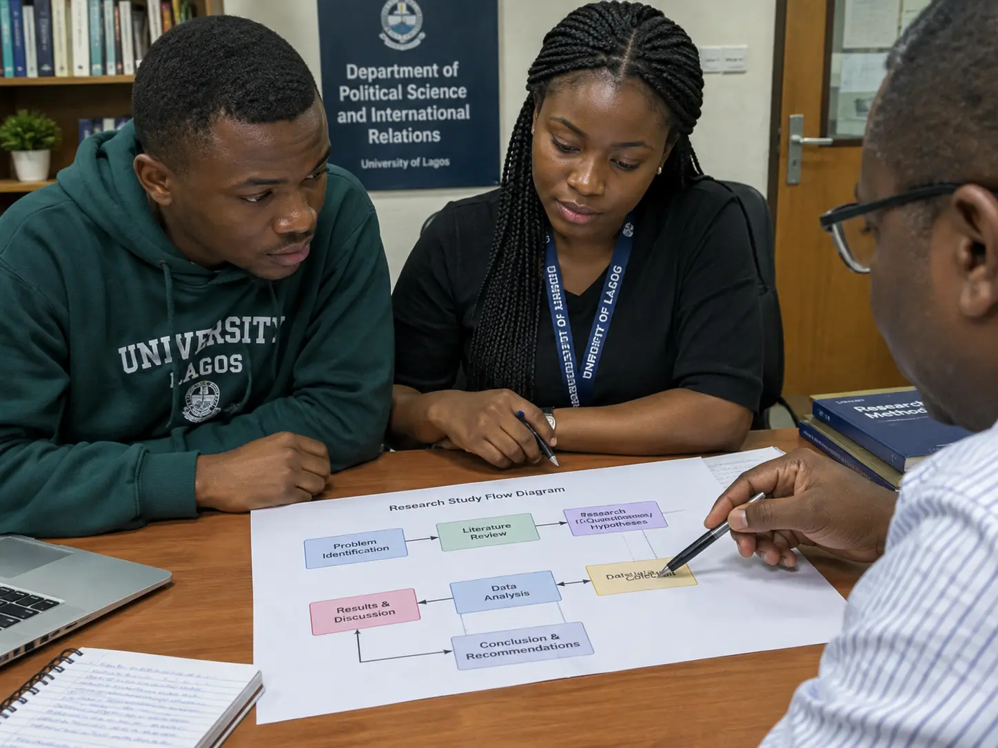 Students and a supervisor reviewing a research framework diagram