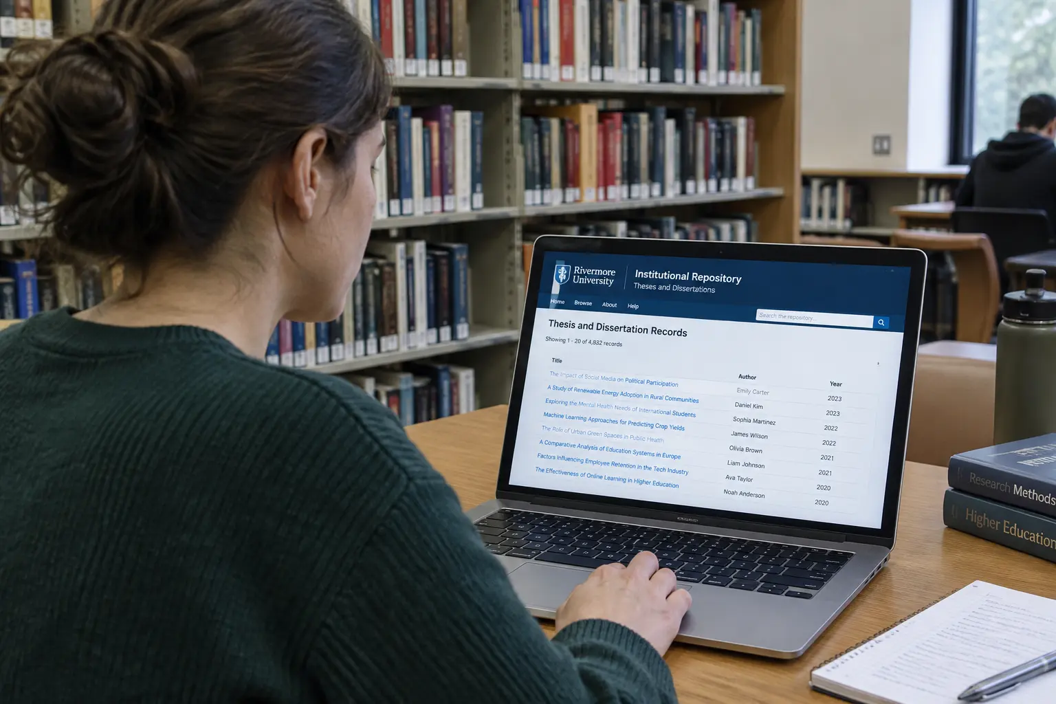 A student searching a university repository for past theses on a laptop in a library