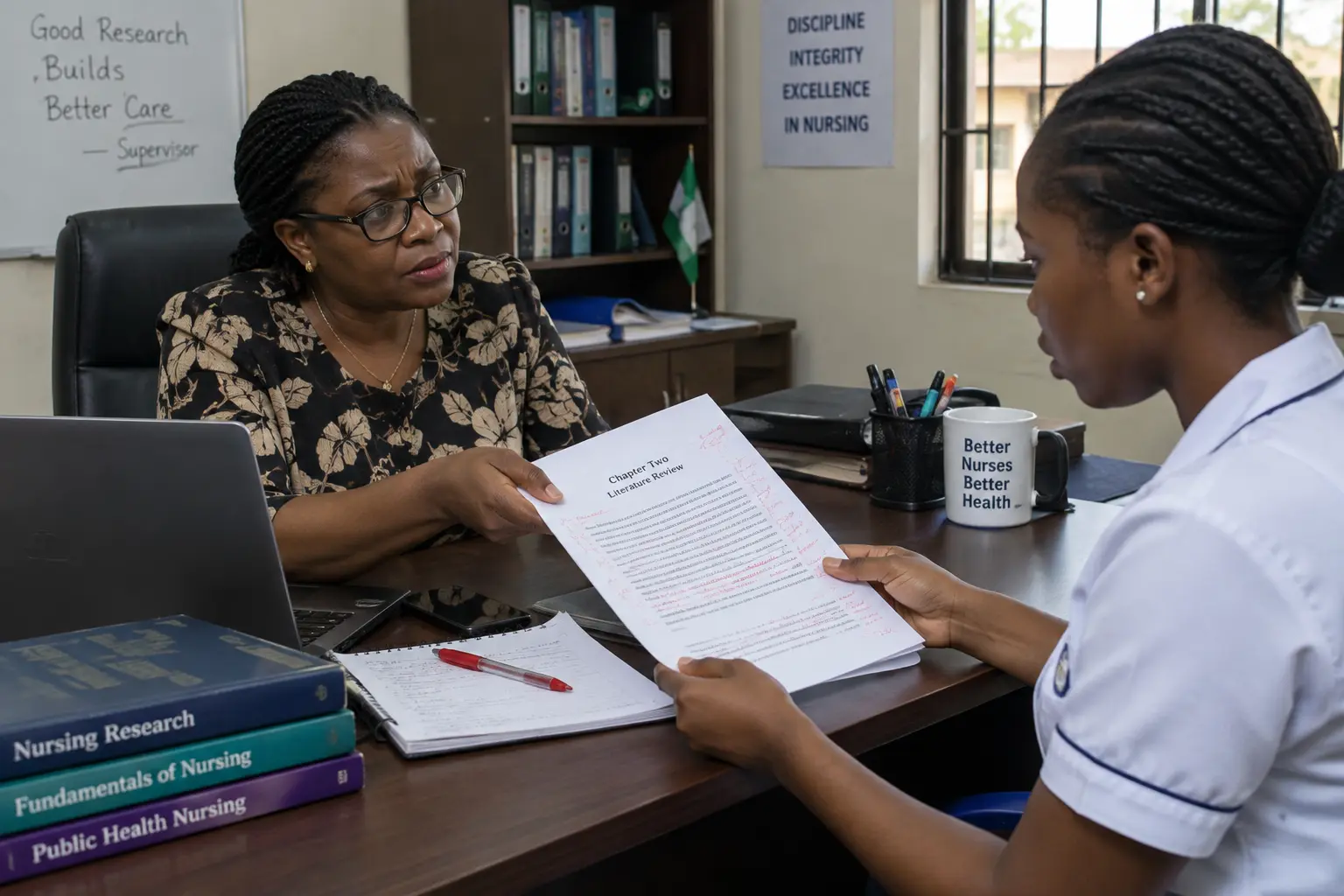 A supervisor returning a marked Chapter Two draft to a nursing student