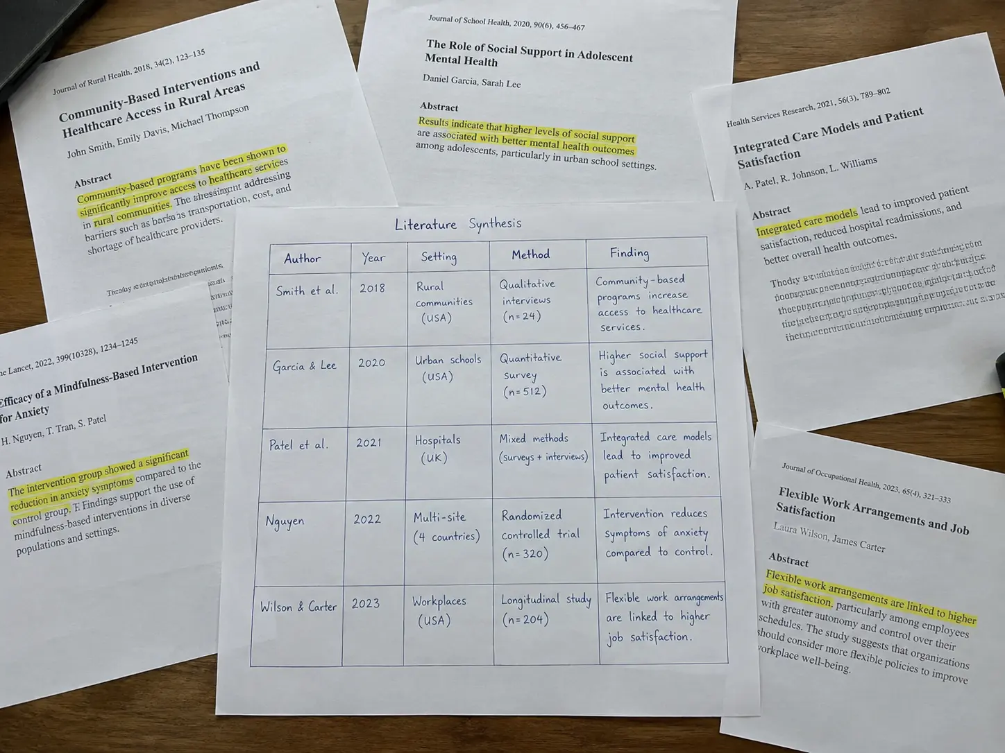 A handwritten synthesis table beside highlighted journal articles for an empirical review