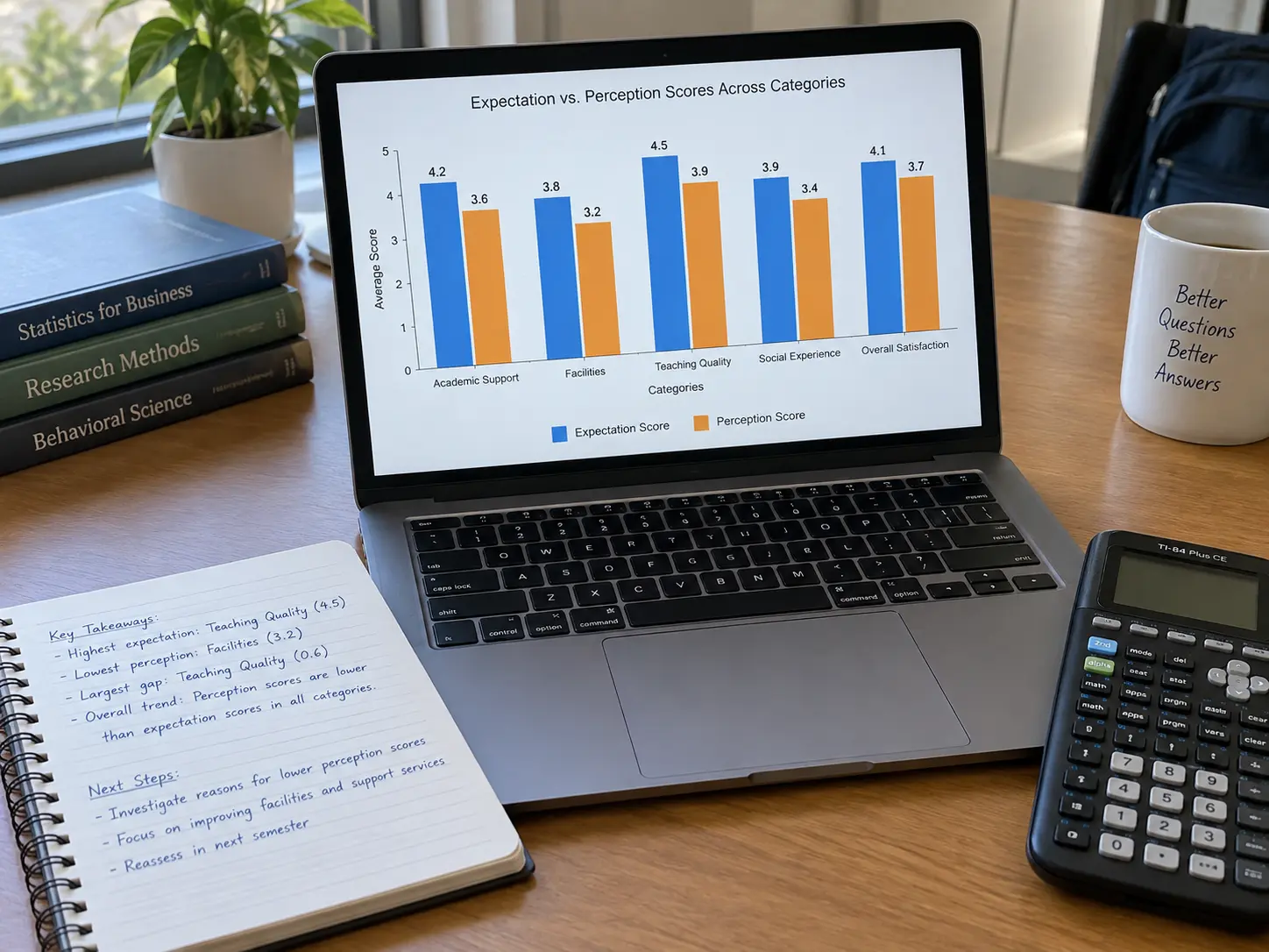 A laptop showing a bar chart comparing expectation and perception scores in five categories