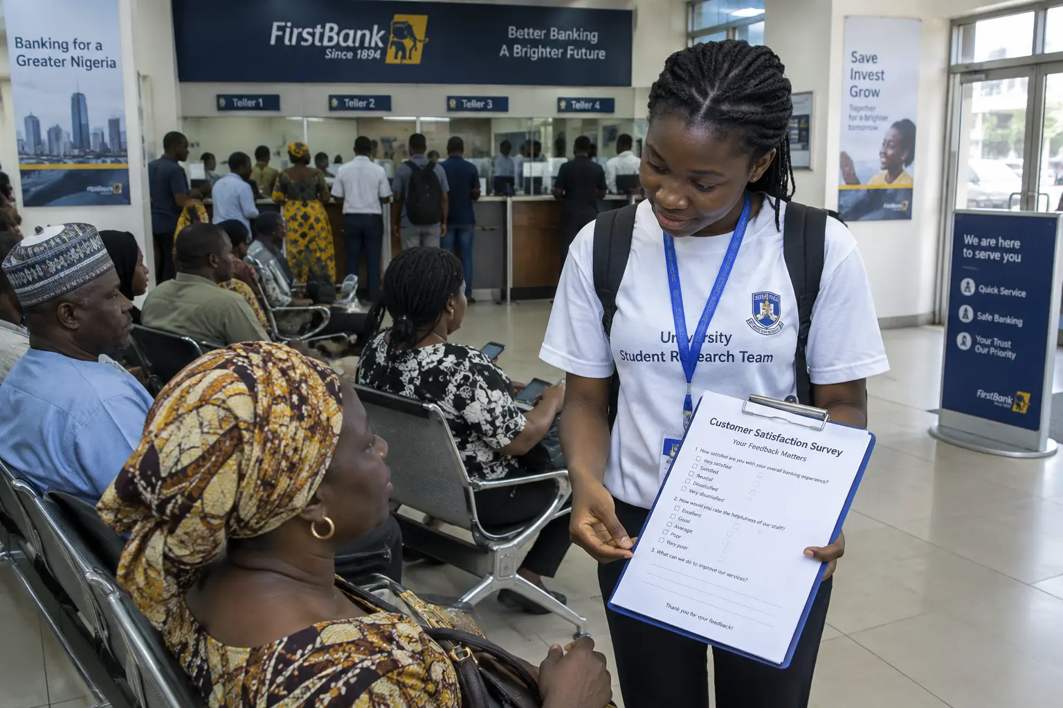 A student handing a customer survey to a customer in a bank branch lobby