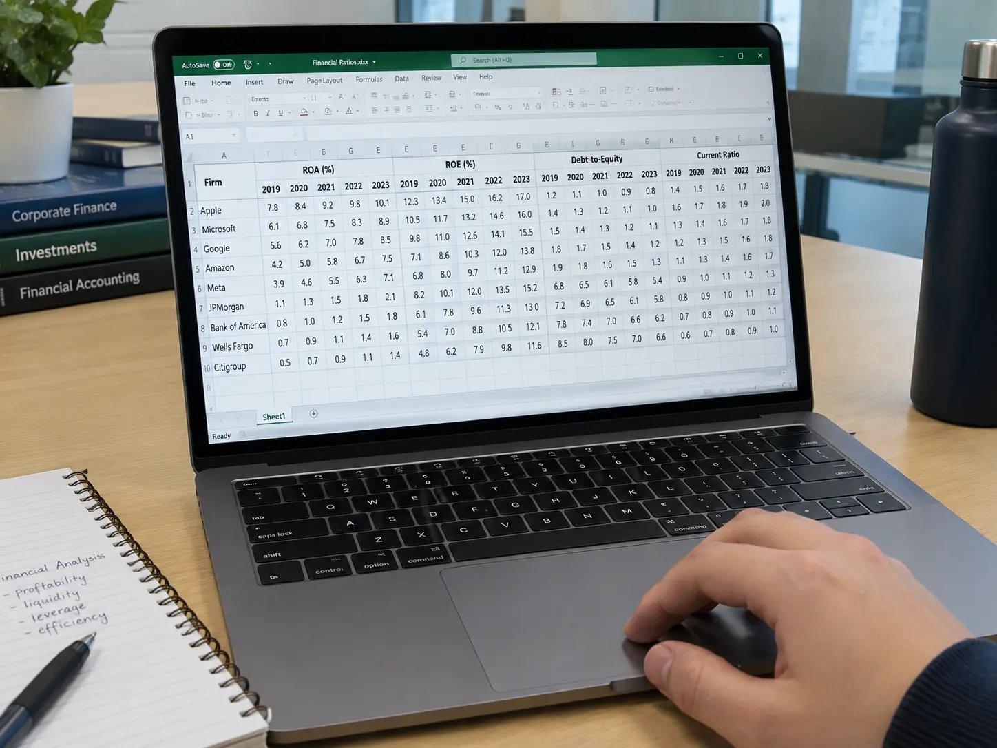 A spreadsheet with firms and years of financial ratios on a student's laptop